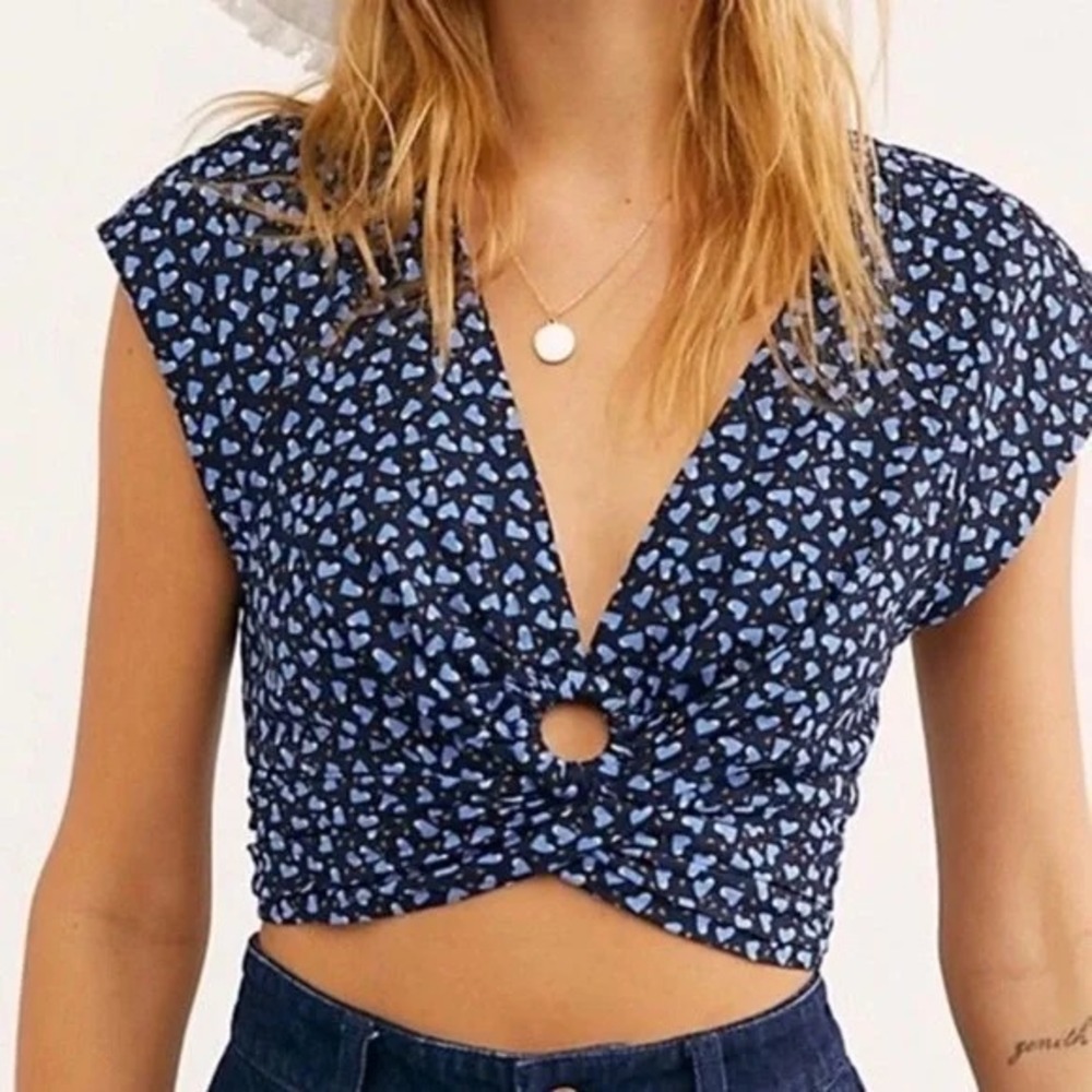 Free People Havana Honey Heart Print Crop Top Linen Blend Blue Size Large Beachy